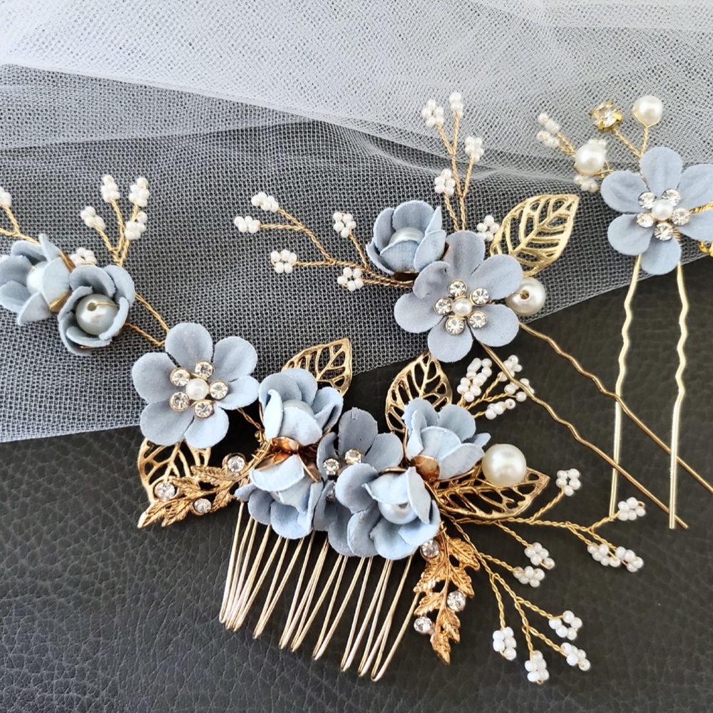 3pc Bride Flower floral Headpiece blue hair comb